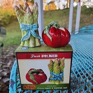 CRACKER BARREL Tomato & Asparagus Salt & Pepper Shakers Fresh Picked NEW Box